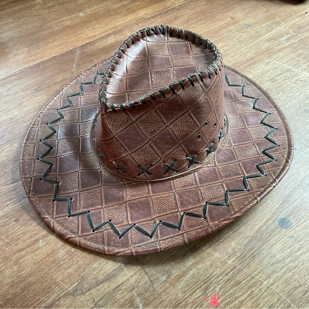 Cowboy Hat Brown Faux Leather Vegan Stitched Cowgirl Western Rodeo Wear - Picture 2 of 5